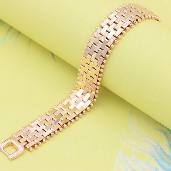 "Wide Rose Gold Bracelet with Textured Interlink & Ball Edge Design, XPBL0873 - Picture 7 of 13